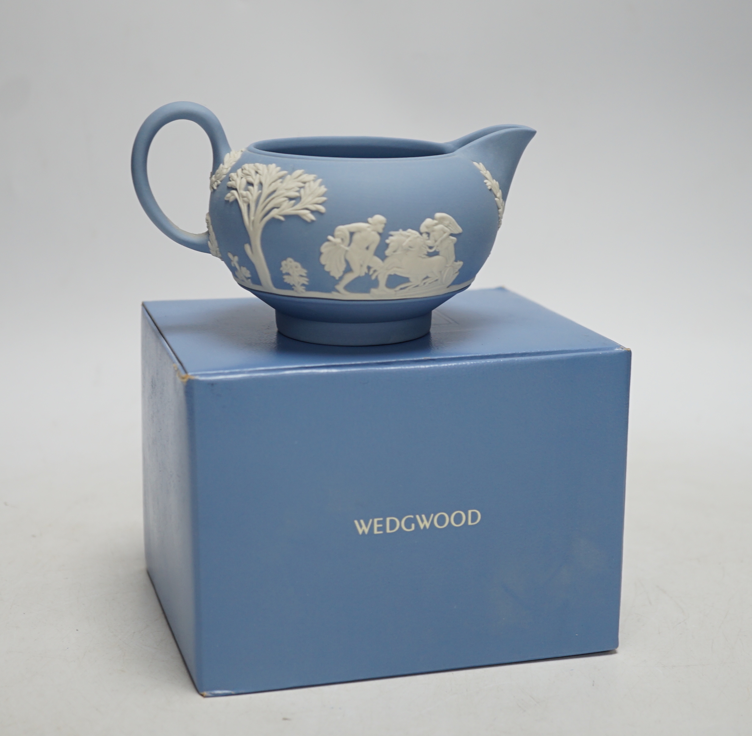 A collection of boxed modern Wedgwood and Spode jasperware etc. porcelain, including; lidded trinket boxes, teapots, a vase, a pomander, etc, tallest 24cm (14)